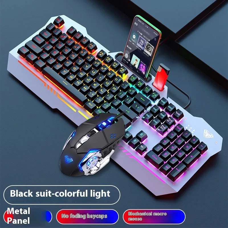 Mechanical keyboard mouse headset bundle with metal construction and LED lighting