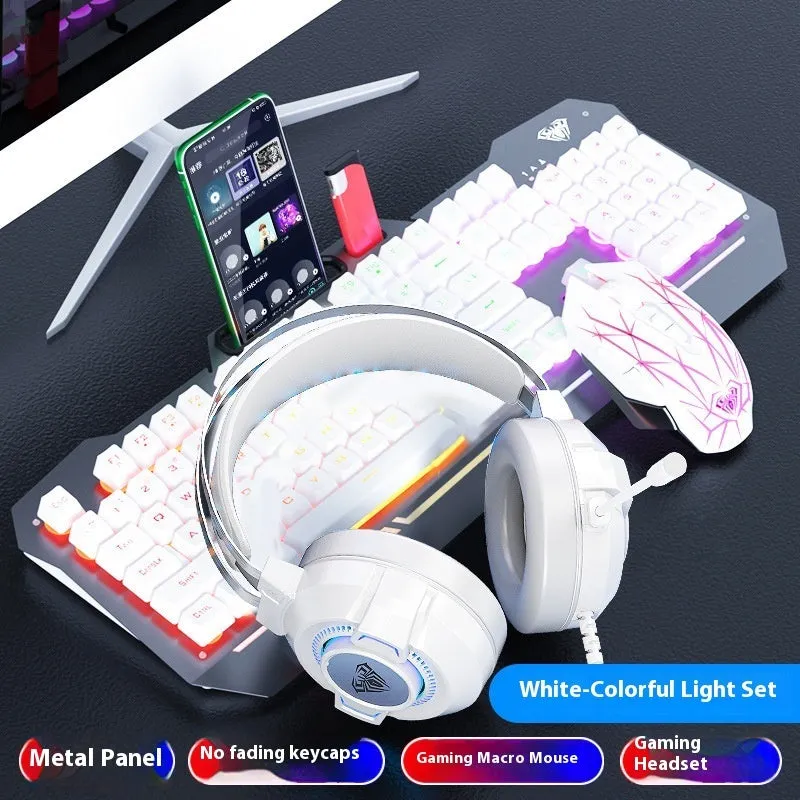 Mechanical keyboard mouse headset bundle with metal construction and LED lighting