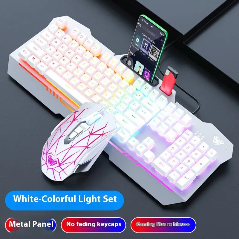 Mechanical keyboard mouse headset bundle with metal construction and LED lighting