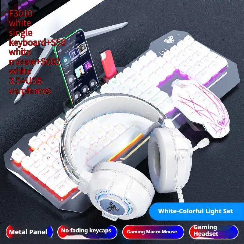 Mechanical keyboard mouse headset bundle with metal construction and LED lighting