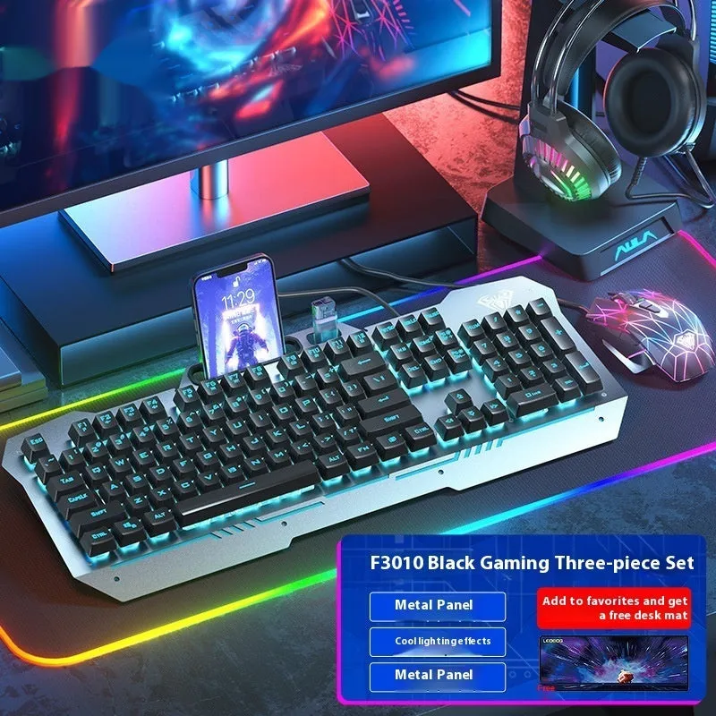 Mechanical keyboard mouse headset bundle with metal construction and LED lighting