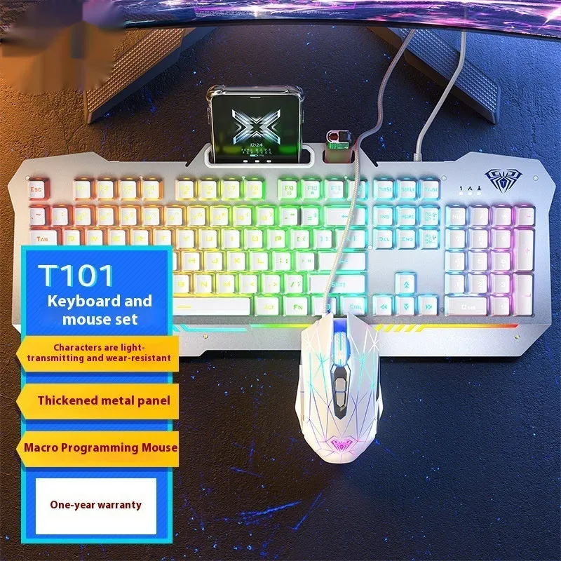 Mechanical keyboard mouse headset bundle with metal construction and LED lighting