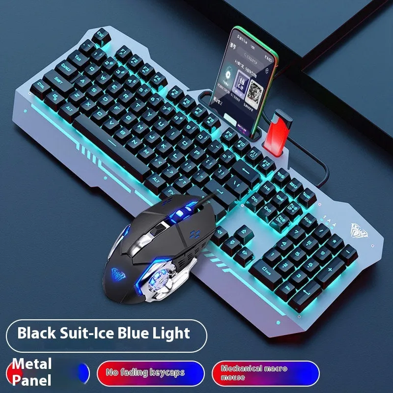 Mechanical keyboard mouse headset bundle with metal construction and LED lighting