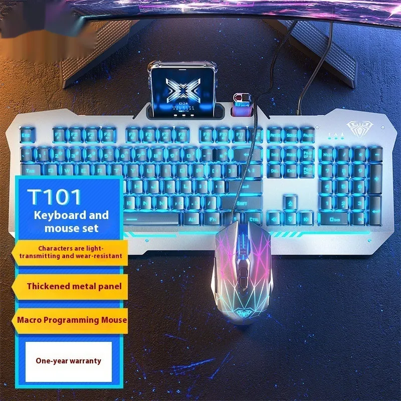 Mechanical keyboard mouse headset bundle with metal construction and LED lighting
