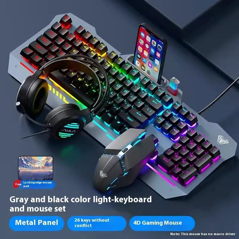 Mechanical keyboard mouse headset bundle with metal construction and LED lighting