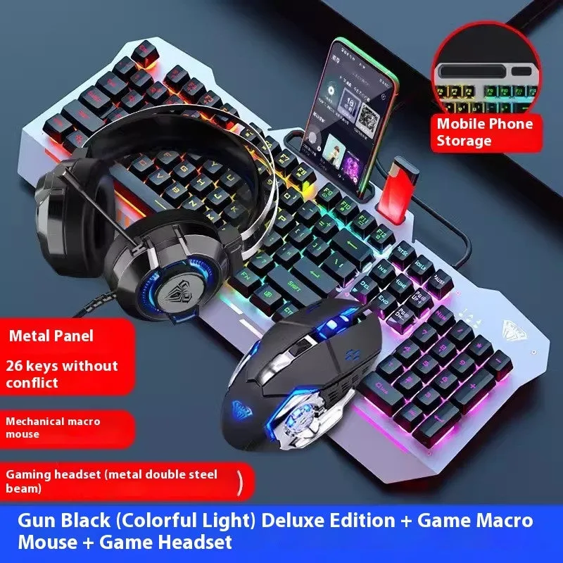 Mechanical keyboard mouse headset bundle with metal construction and LED lighting