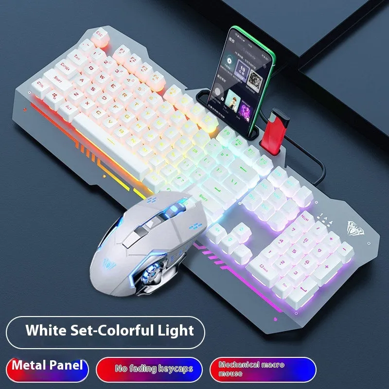 Mechanical keyboard mouse headset bundle with metal construction and LED lighting