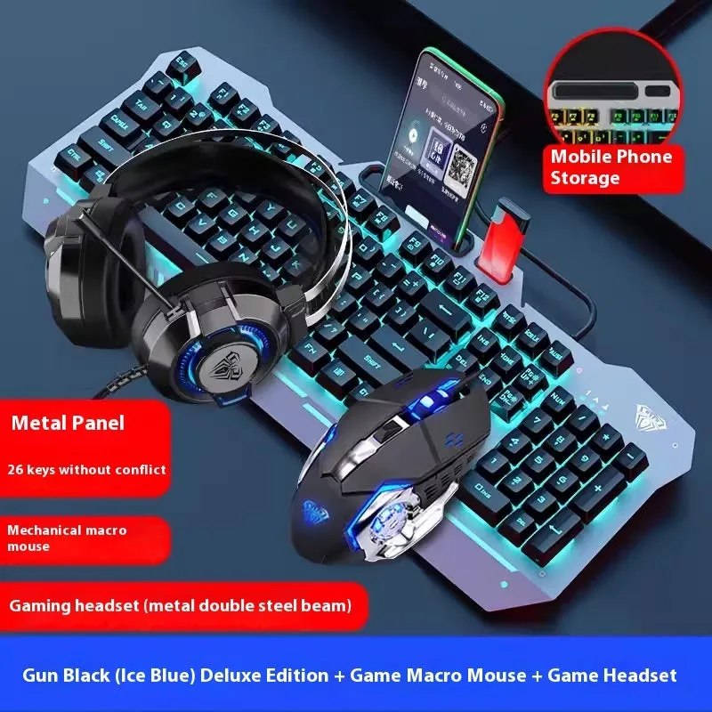 Mechanical keyboard mouse headset bundle with metal construction and LED lighting
