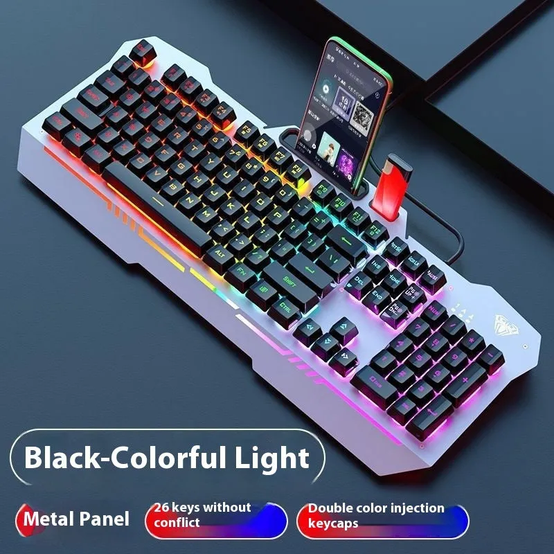 Mechanical keyboard mouse headset bundle with metal construction and LED lighting