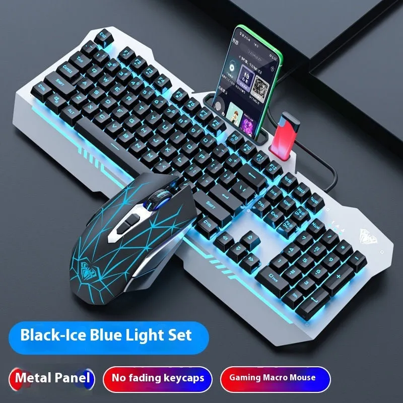 Mechanical keyboard mouse headset bundle with metal construction and LED lighting