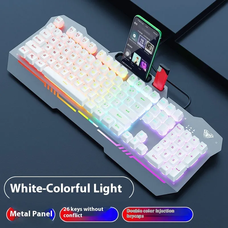 Mechanical keyboard mouse headset bundle with metal construction and LED lighting