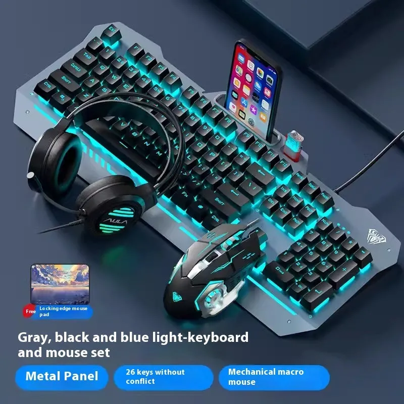 Mechanical keyboard mouse headset bundle with metal construction and LED lighting