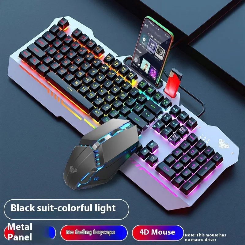 Mechanical keyboard mouse headset bundle with metal construction and LED lighting