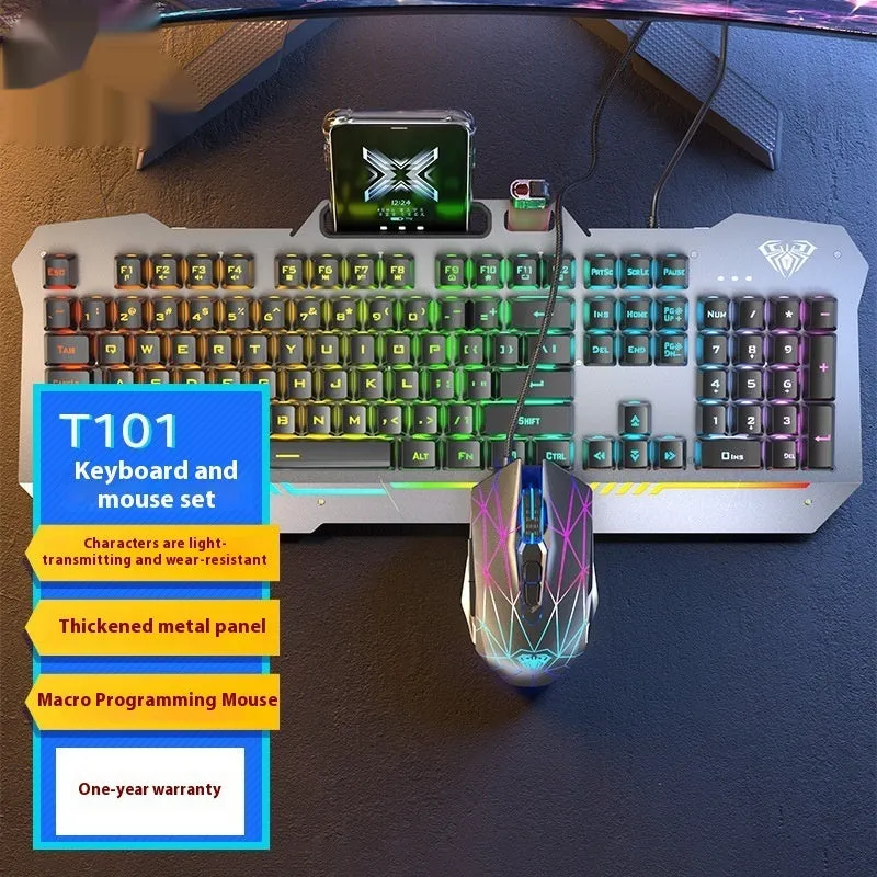 Mechanical keyboard mouse headset bundle with metal construction and LED lighting
