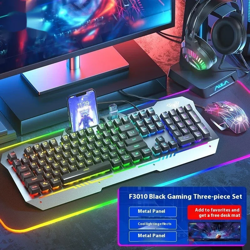 Mechanical keyboard mouse headset bundle with metal construction and LED lighting