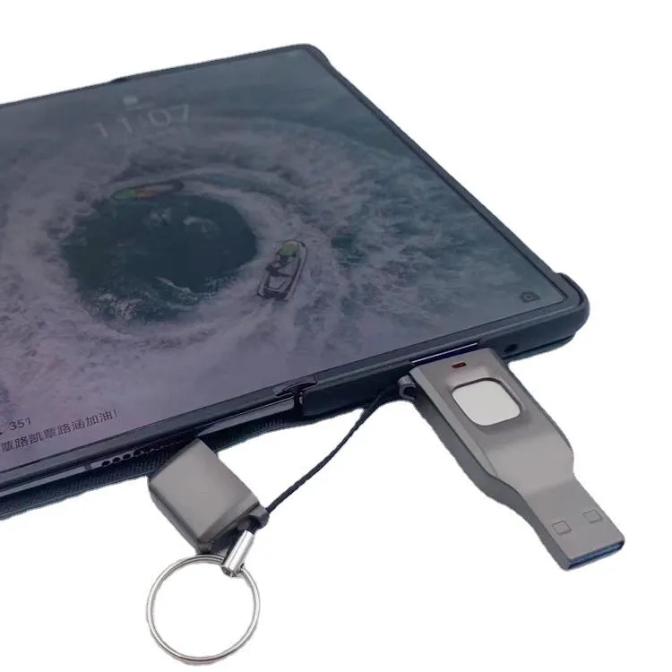 Fingerprint secured USB flash drive with dual USB 3.0 and USB-C connectors in metal housing
