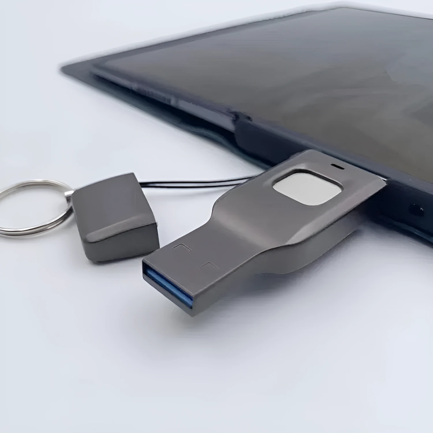 Fingerprint secured USB flash drive with dual USB 3.0 and USB-C connectors in metal housing