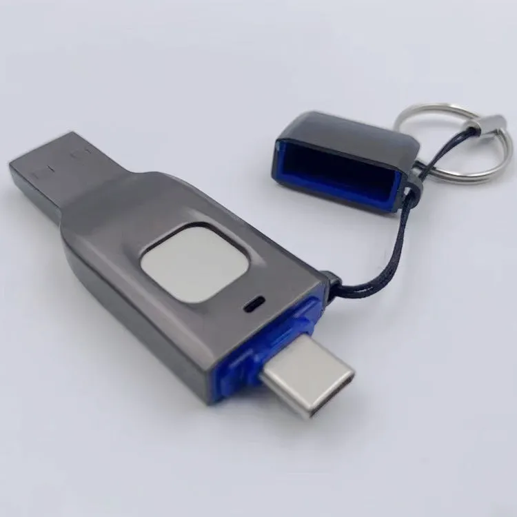 Fingerprint secured USB flash drive with dual USB 3.0 and USB-C connectors in metal housing