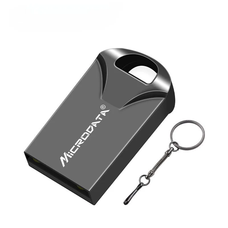 Silver car-shaped metal USB flash drive on a necklace chain, shown next to a black version.
