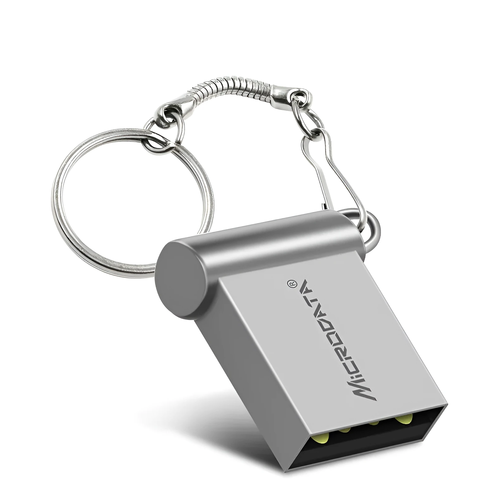 Silver car-shaped metal USB flash drive on a necklace chain, shown next to a black version.