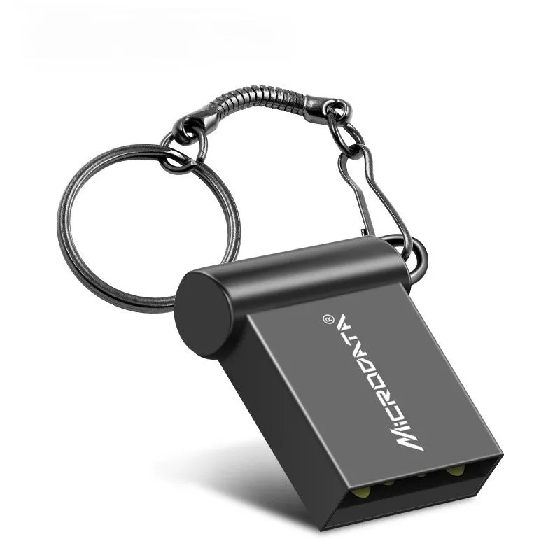 Silver car-shaped metal USB flash drive on a necklace chain, shown next to a black version.