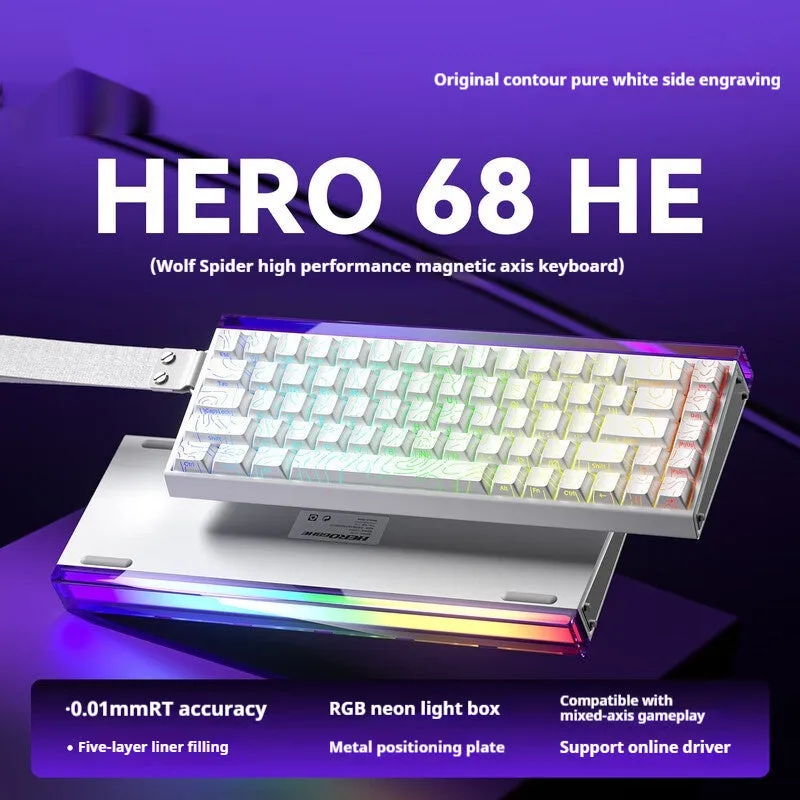Magnetic axis mechanical keyboard with RGB backlighting showing engraved design options