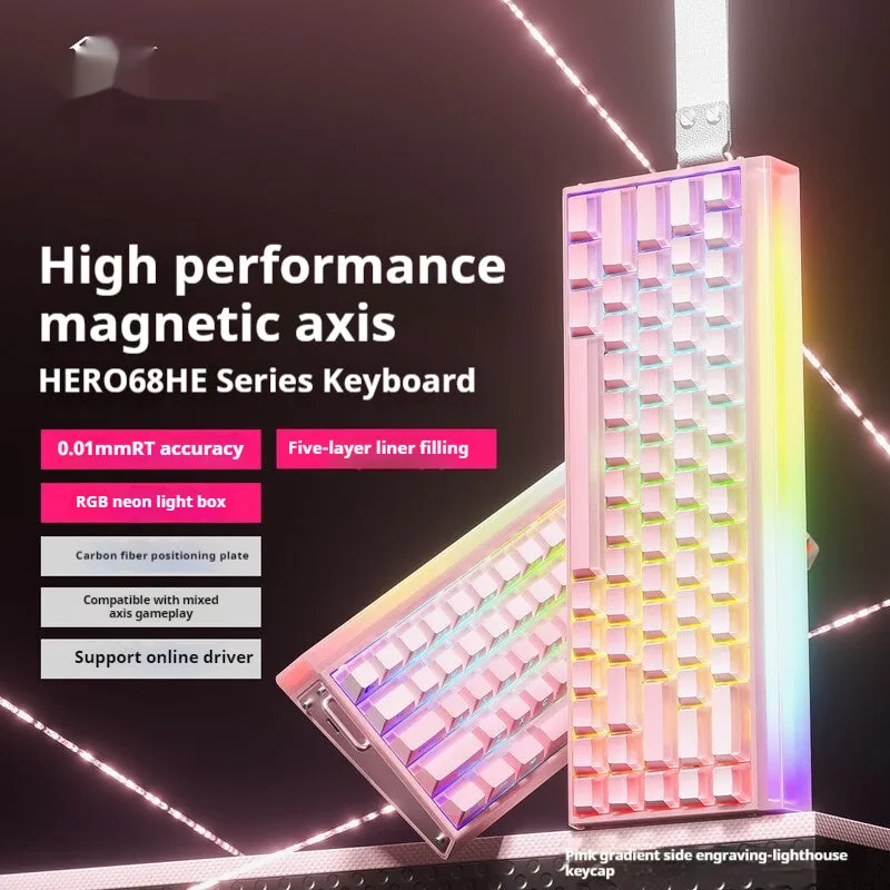 Magnetic axis mechanical keyboard with RGB backlighting showing engraved design options