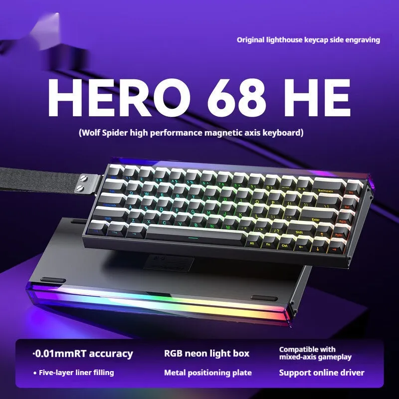 Magnetic axis mechanical keyboard with RGB backlighting showing engraved design options