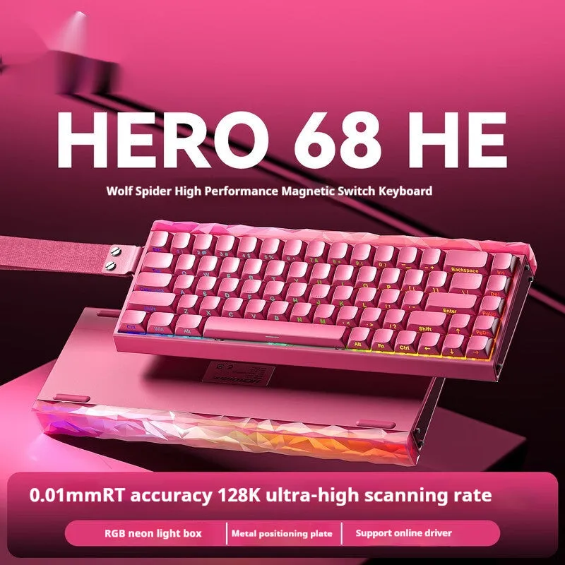 Magnetic axis mechanical keyboard with RGB backlighting showing engraved design options