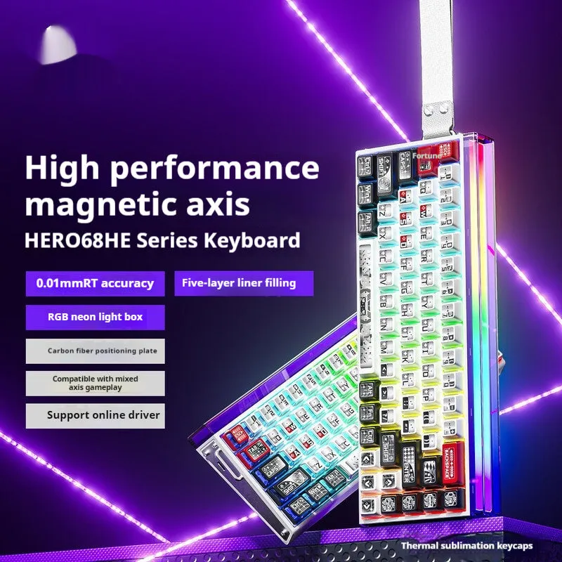 Magnetic axis mechanical keyboard with RGB backlighting showing engraved design options