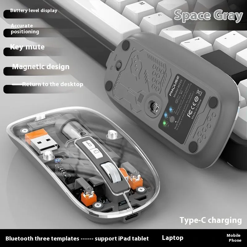 Transparent wireless computer mouse with self-charging feature in various colours
