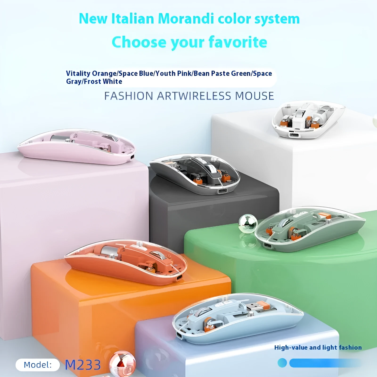 Transparent wireless computer mouse with self-charging feature in various colours