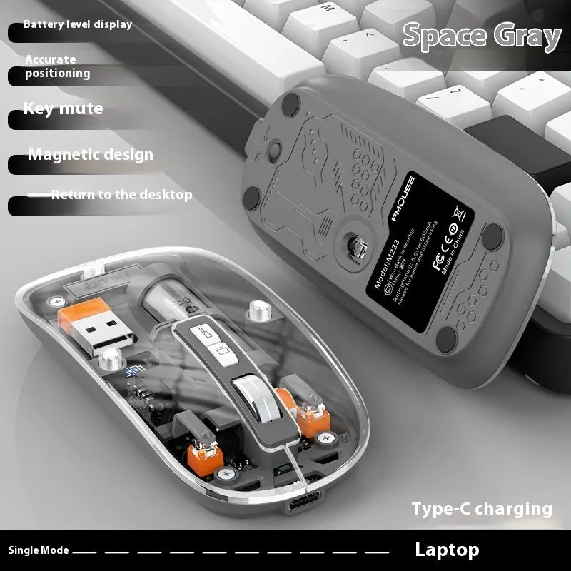Transparent wireless computer mouse with self-charging feature in various colours