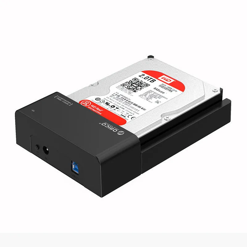 Black plastic 2.5 inch SATA to USB hard drive enclosure with data cable