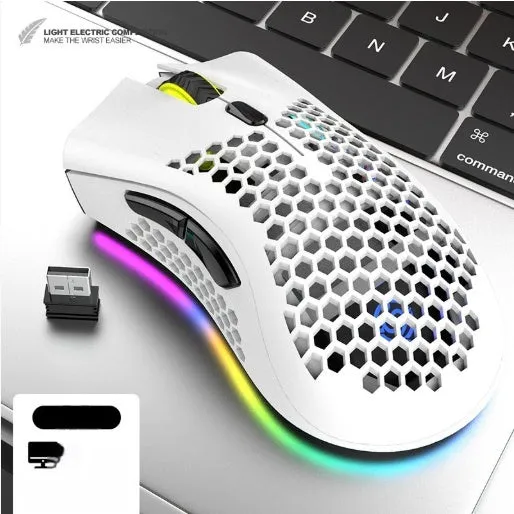 Hollow out design wireless computer mouse with luminous effects in black, cyan or white colours
