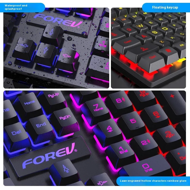 Black 104-key backlit gaming keyboard with mouse bundle on desk