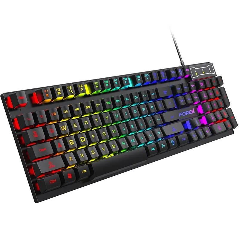 Black 104-key backlit gaming keyboard with mouse bundle on desk