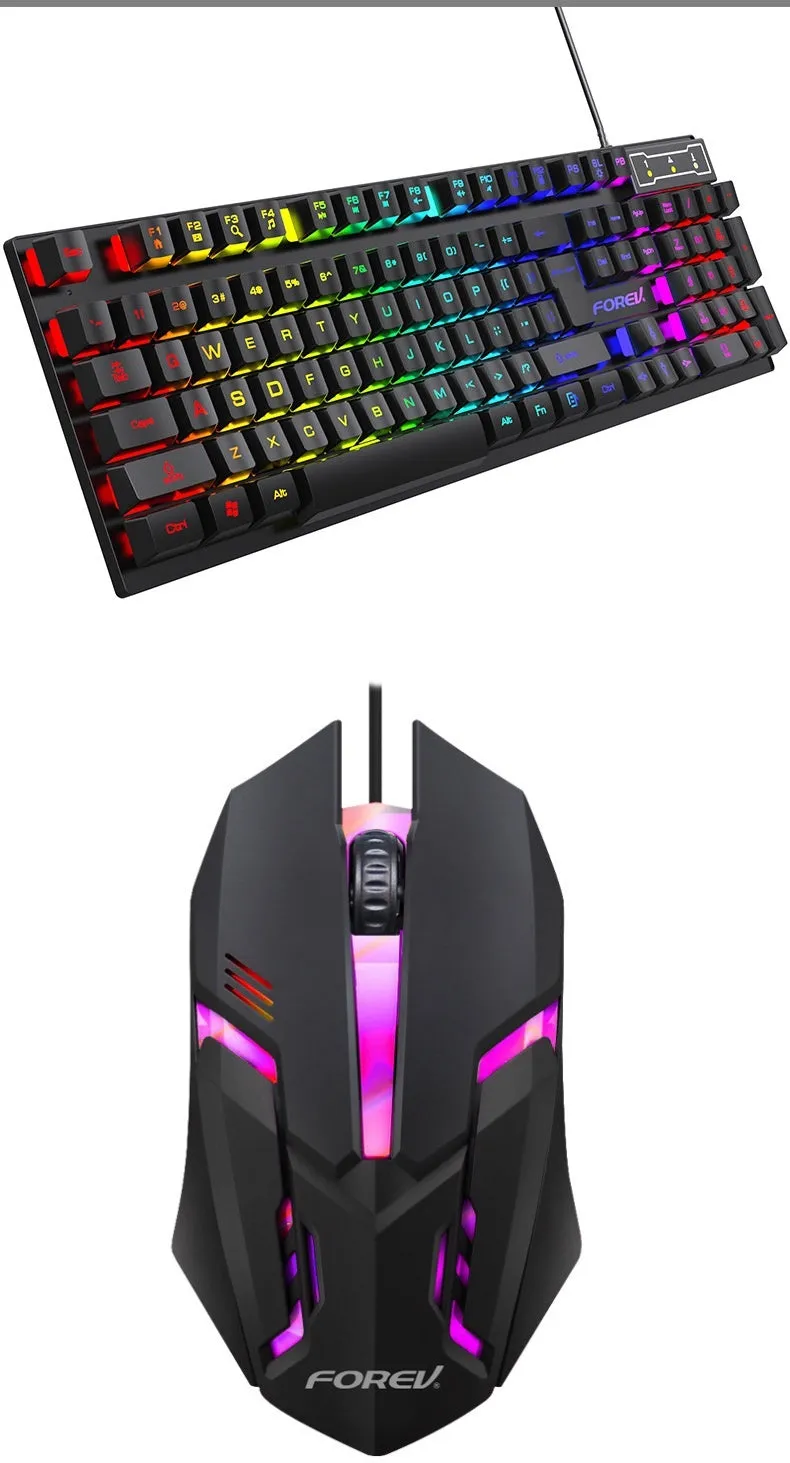 Black 104-key backlit gaming keyboard with mouse bundle on desk