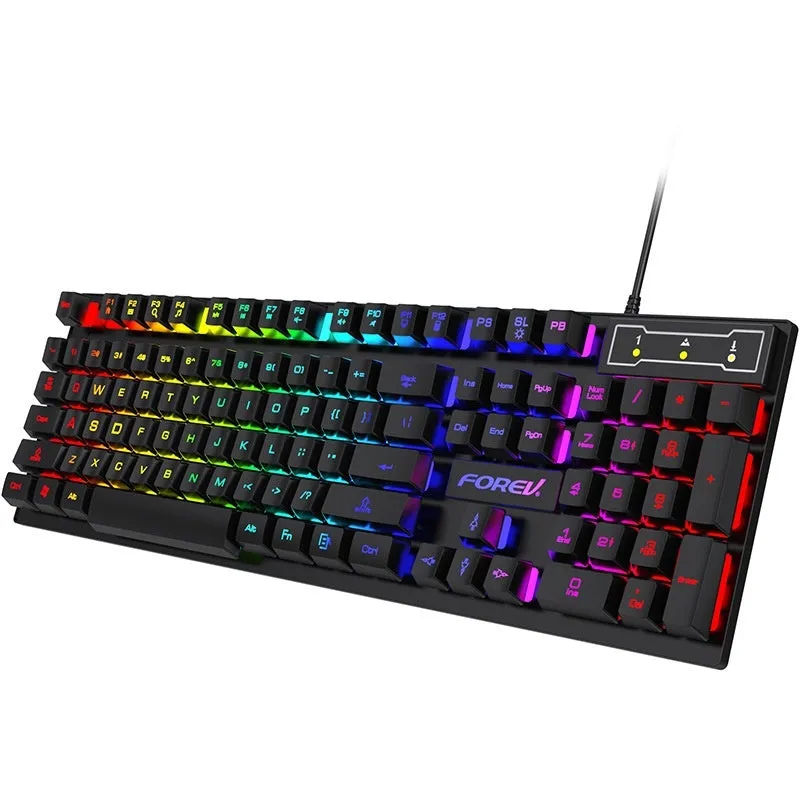 Black 104-key backlit gaming keyboard with mouse bundle on desk
