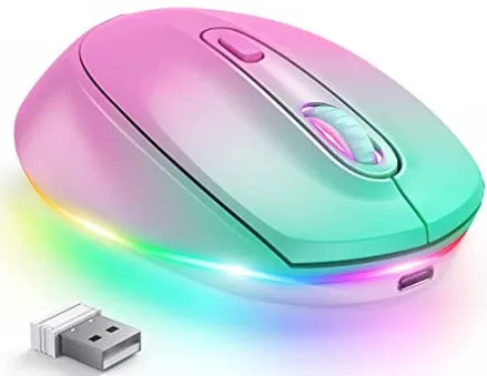 Wireless computer mouse with USB charging cable showing compact design and ergonomic shape