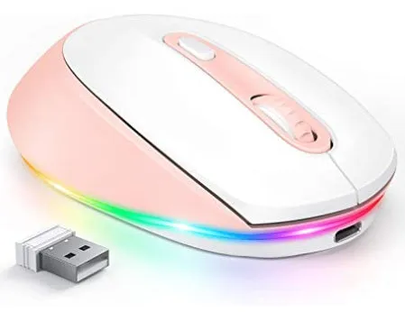 Wireless computer mouse with USB charging cable showing compact design and ergonomic shape