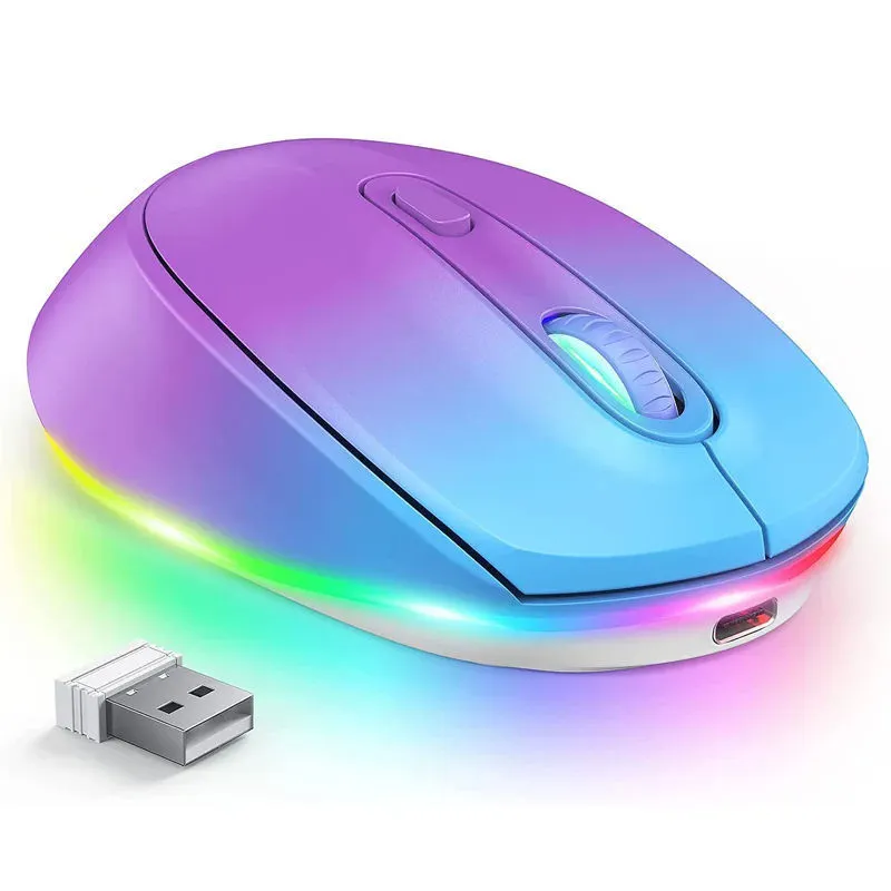 Wireless computer mouse with USB charging cable showing compact design and ergonomic shape