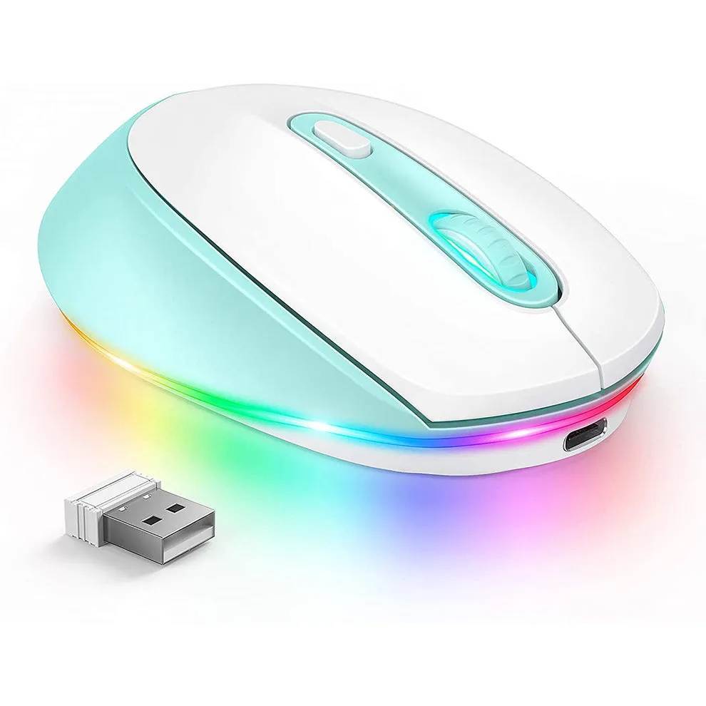 Wireless computer mouse with USB charging cable showing compact design and ergonomic shape