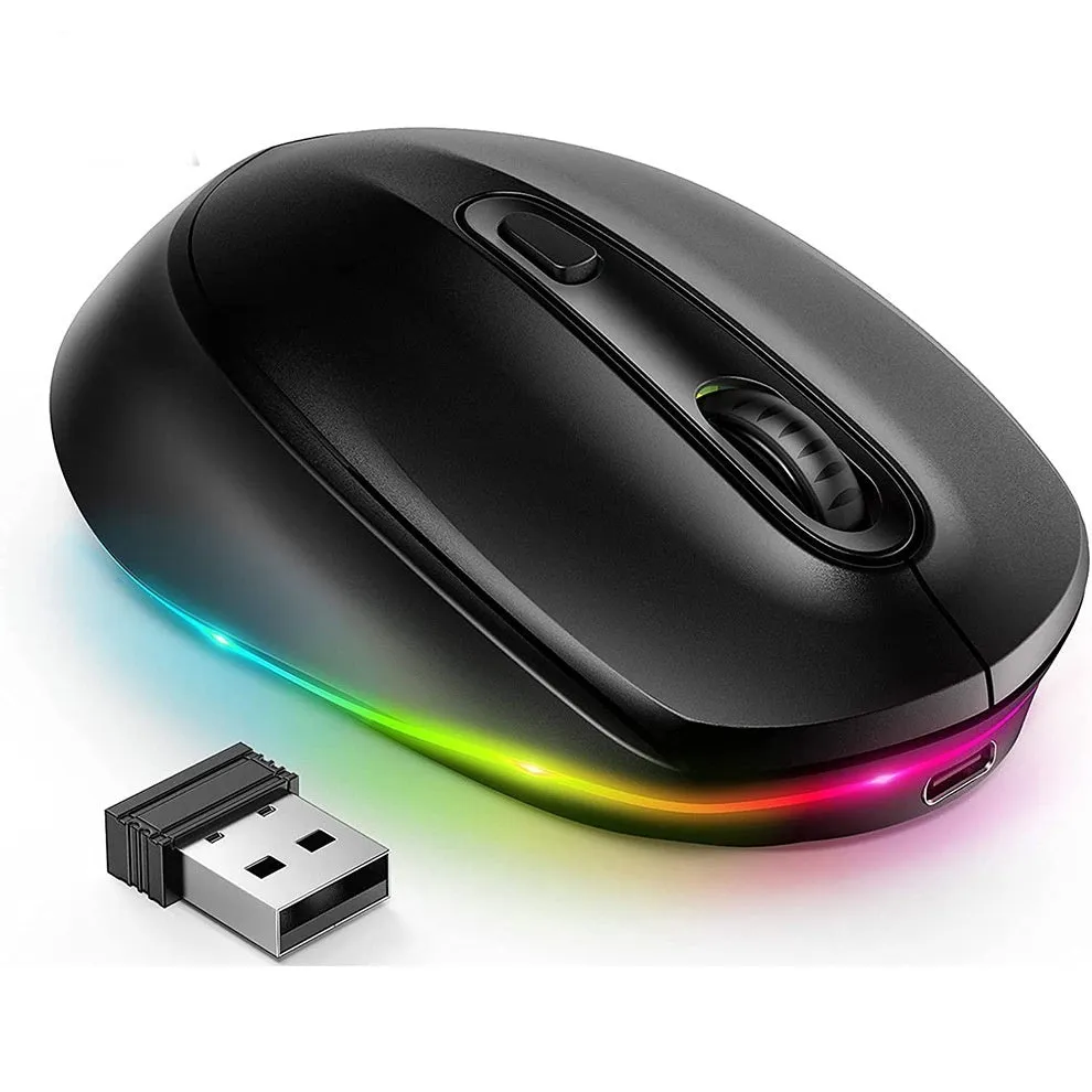 Wireless computer mouse with USB charging cable showing compact design and ergonomic shape