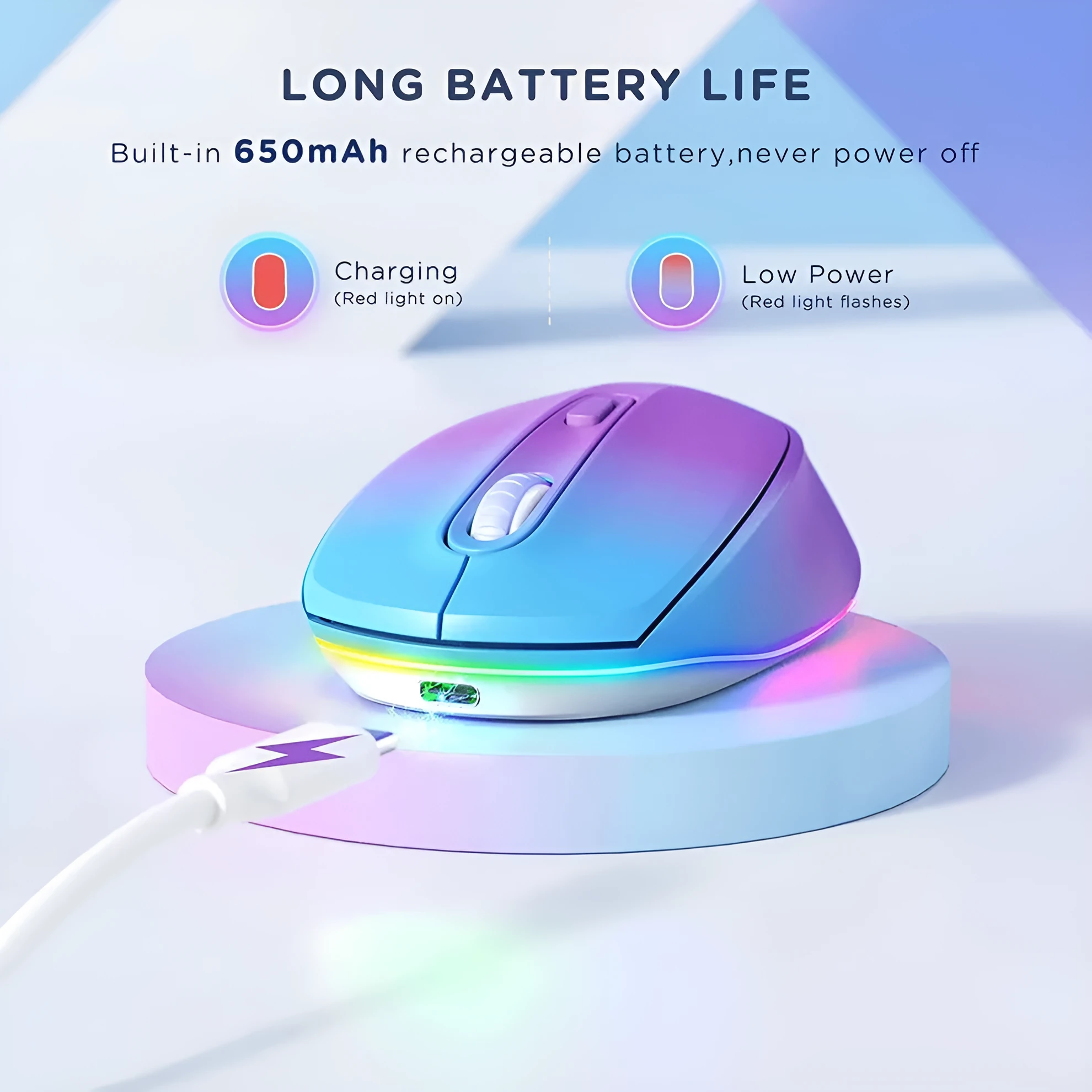 Wireless computer mouse with USB charging cable showing compact design and ergonomic shape