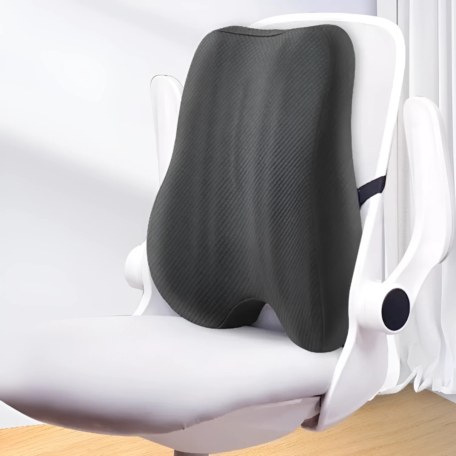 Grey lumbar support cushion for office chair measuring 40cm by 40cm by 8cm thick.