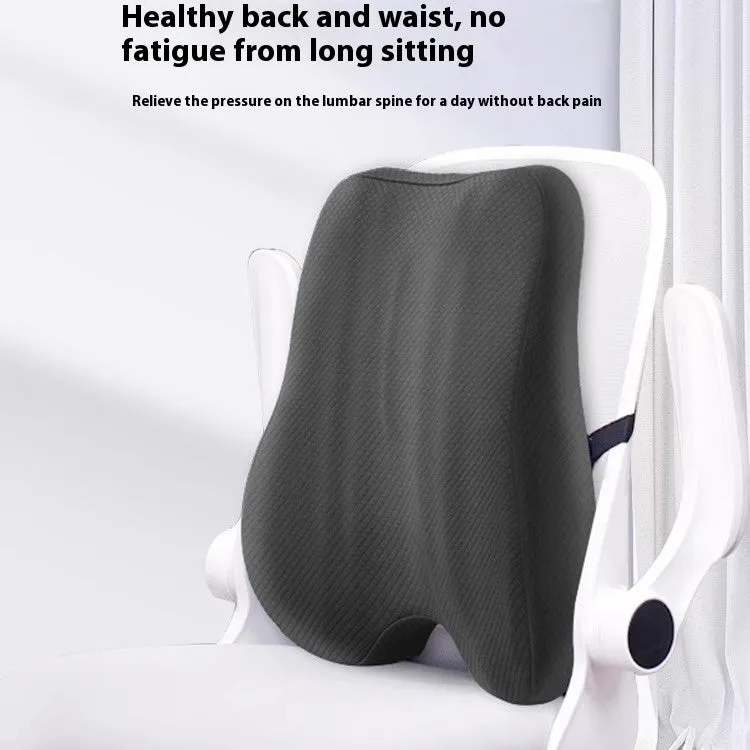 Grey lumbar support cushion for office chair measuring 40cm by 40cm by 8cm thick.