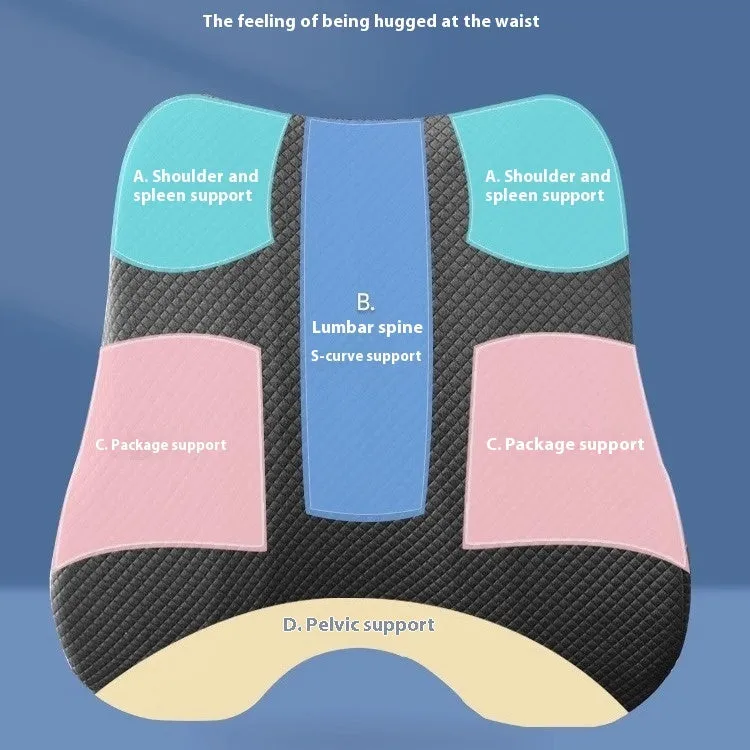 Grey lumbar support cushion for office chair measuring 40cm by 40cm by 8cm thick.