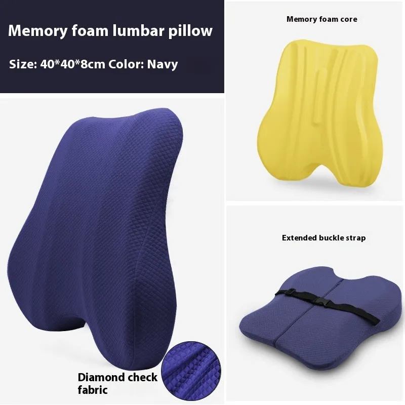 Grey lumbar support cushion for office chair measuring 40cm by 40cm by 8cm thick.