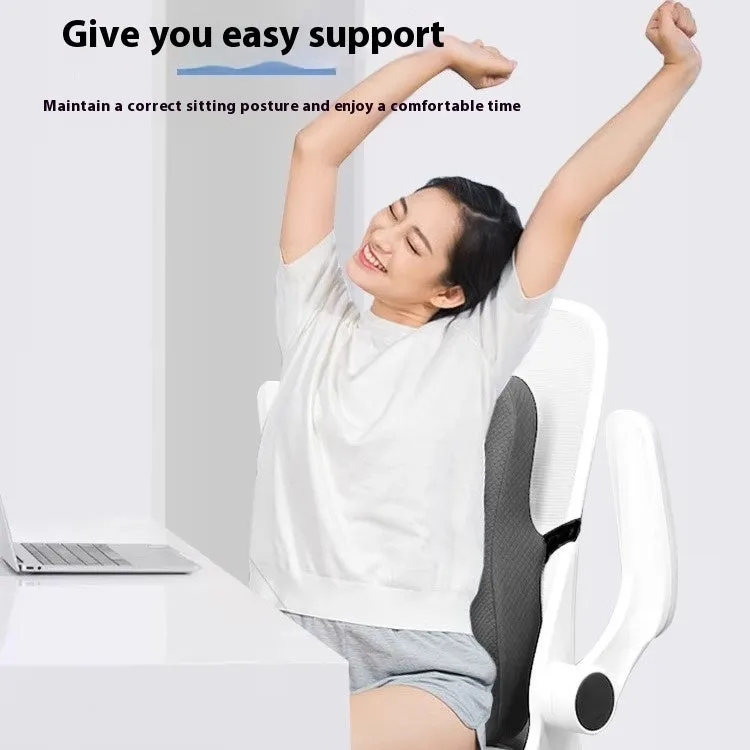 Grey lumbar support cushion for office chair measuring 40cm by 40cm by 8cm thick.